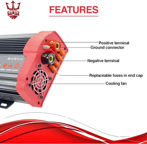Vista 4 de Inversor de corriente para automóvil de 1500 W, convertidor de CC de 12 V a 110 V CA con 2 salidas de cargador y puertos USB duales de 3.1 A