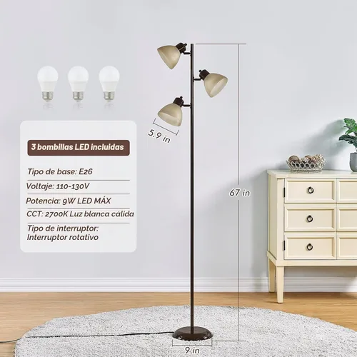 Vista 2 de Moderna lámpara de pie de árbol para sala de estar, dormitorio, lámparas de pie de poste alto con 3 cabezales giratorios ajustables para oficina