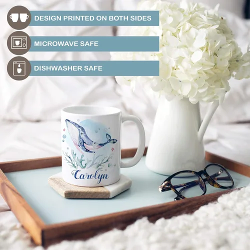 Vista 3 de Taza de café náutica personalizada de ballena Añadir nombre personalizado a la taza de cerámica Apto para microondas y lavavajillas, regalo