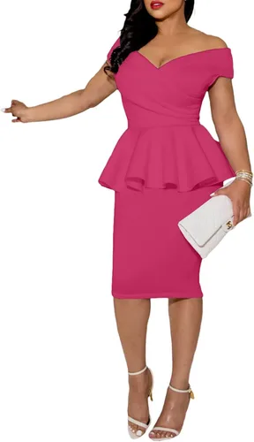 Vista 2 de Remelon Vestido midi sexy con volantes y hombros descubiertos para mujer, vestido de fiesta de cóctel fruncido