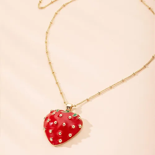Vista 6 de XUN Zhe Collar con colgante de fresa roja esmaltada, lindo collar de clavícula de aceite de fruta de fresa, joyería para mujeres, adolescentes