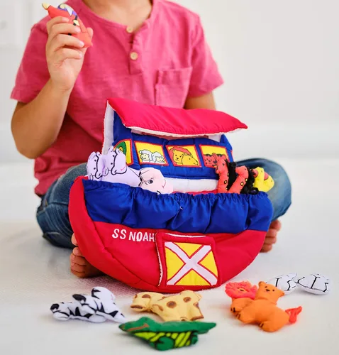 Vista 5 de Pockets of Learning Noah's Ark Adventure Soft Play Set de actividades interactivas para niños pequeños y niños Juguete educativo de tela bíblica