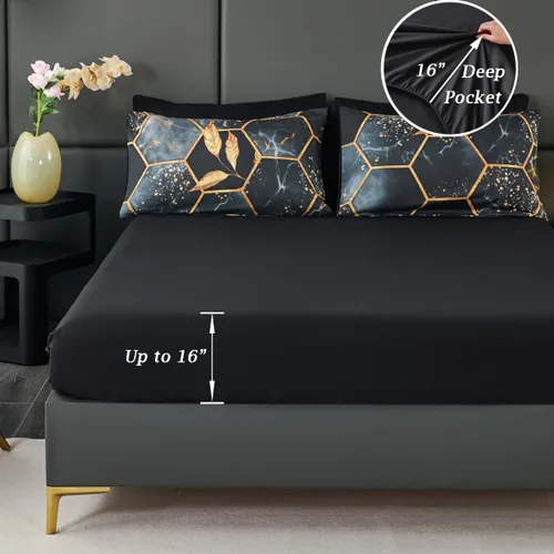 Vista 6 de ZRNBAST - Juego de edredón de nido de abeja negro de tamaño completo de 7 piezas, ropa de cama hexagonal suave y ligera, de mármol para todas