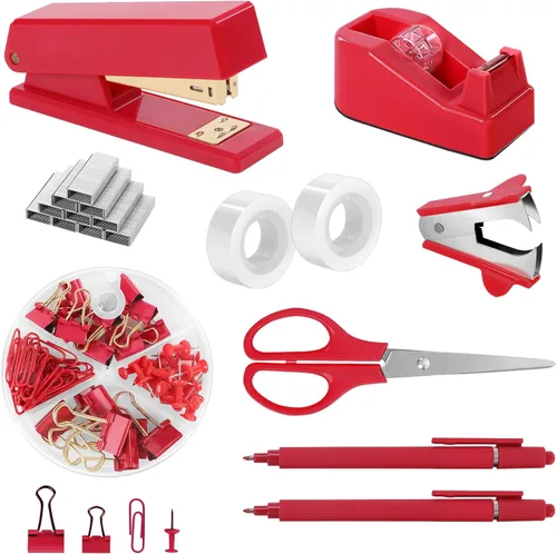 Vista 10 de SKYDUE Juego de suministros de oficina negros, accesorios de escritorio negros, grapadora, dispensador de cinta, tijeras, carpeta/clips de papel