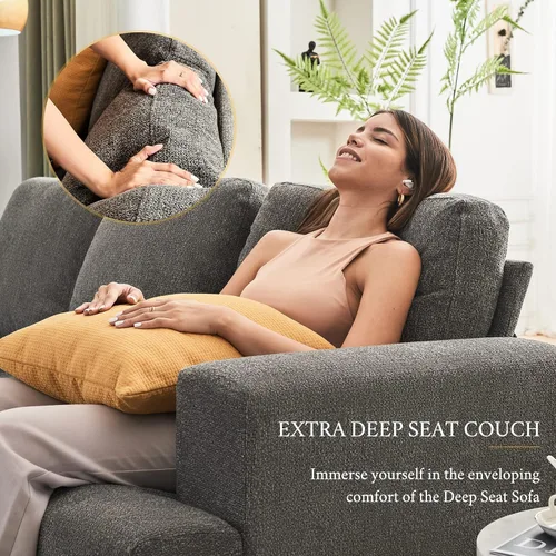 Vista 5 de AMERLIFE Moderno sofá de 3 plazas, sofá extra profundo de 89 pulgadas con cojines de felpa. Tela de felpilla gris ultra cómoda para sala de estar