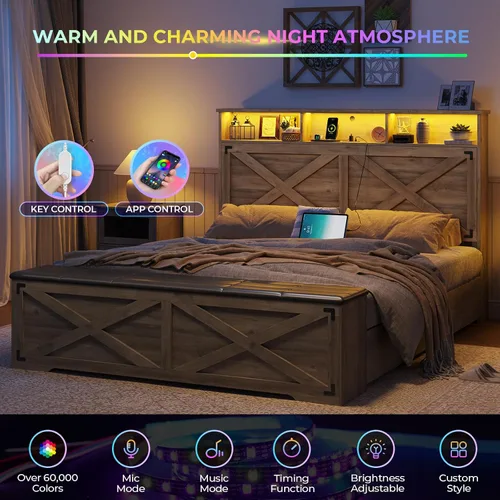 Vista 4 de DICTAC - Base de cama estilo granja tamaño Queen con cabecera de almacenamiento y estación de carga, base de cama de plataforma de madera