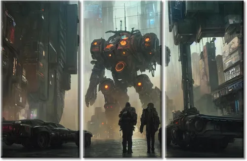 Vista 21 de Arte de pared de 3 piezas de escena de ciencia ficción de la calle comercial futurista paisaje urbano, decoración de pared para dormitorio