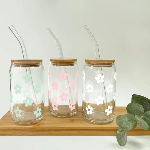 Vista 2 de Taza de cristal personalizada de margarita, vaso de cerveza con tapa y pajita, vaso de lata floral, vaso de vidrio de 16 onzas, vaso personalizado