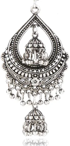 Vista 2 de Chand Bali - Aretes colgantes de espejo oxidados en tono dorado y plateado para mujer (colgantes estilo pavo real), Latón, no conocido