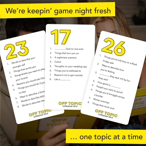 Vista 3 de OFF TOPIC Paquete de expansión de juego de fiesta para adultos, 128 nuevos temas para el divertido juego de mesa y cartas para la noche