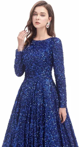 Vista 6 de Women's Sequin Long Sleeves Formal Evening Dress Luxurious Chapel Train Prom Party Gown Silver
