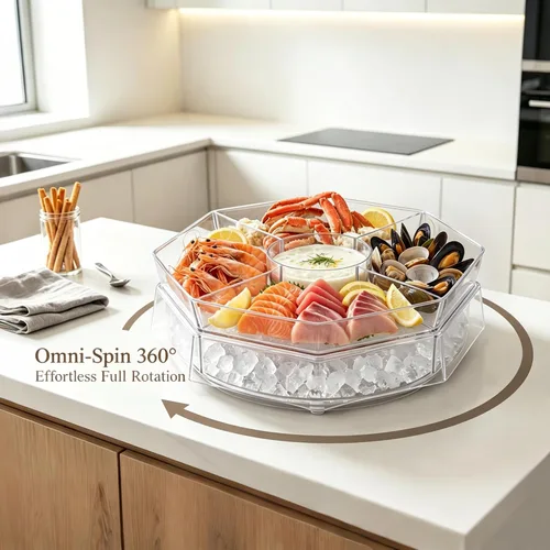 Vista 2 de 5 compartimentos para servir hielo Lazy Susan, plato de cóctel de camarones divididos con tapa, plato de plástico para tacos, bandeja fría