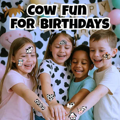 Vista 8 de 96 tatuajes temporales precortados de vaca para niños, suministros para fiestas de cumpleaños de animales de granja, decoraciones y recuerdos