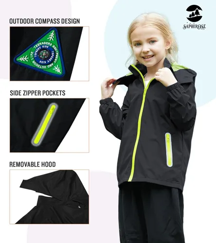 Vista 4 de SaphiRose Kids Rain Jacket Waterproof Raincoat Mesh Lined Coat with Removable Hood for Boys Girls