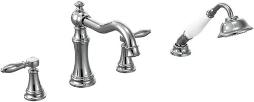 Vista 8 de Moen TS21104BG Weymouth - Kit de grifería romana de dos manijas con ducha de mano, requiere válvula, oro cepillado