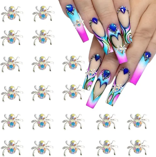 Vista 15 de Dijes de araña 3D para uñas de araña, dijes de araña plateada para uñas, incrustaciones de gemas rojas y rosas, punk, retro, diamantes de imitación