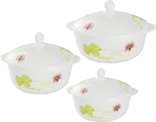 Vista 3 de Uniware High Quality Food Container Set/Food Organizer Set, 3 bowls + 3 Lids, Gift Box, OPAL GLASSWARE, Dishwasher safe (Golden Flower)