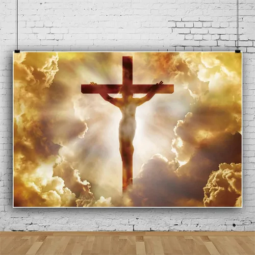 Vista 3 de 5x3FT Cruz cristiana en el cielo Fotografía de fondo irradia luces divinas sagradas Jesucristo Fotografía telón de fondo creencia religiosa Señor