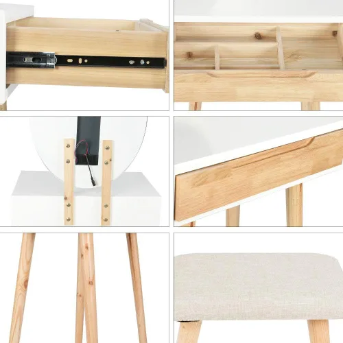 Vista 7 de Juego de mesa de maquillaje YOURLITE con espejo iluminado ajustable de 3 modos, taburete acolchado, mueble tocador para espacios pequeños Juego