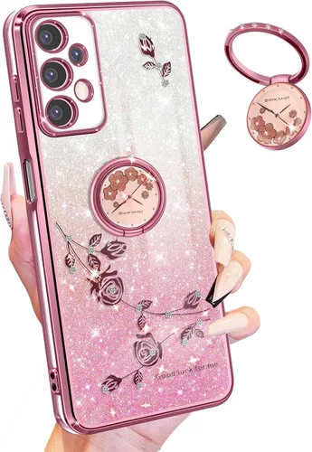 Vista 18 de Funda 3 en 1 para teléfono Samsung Galaxy A03S con purpurina brillante para mujeres y niñas, cubierta brillante con bonito diseño floral de flores
