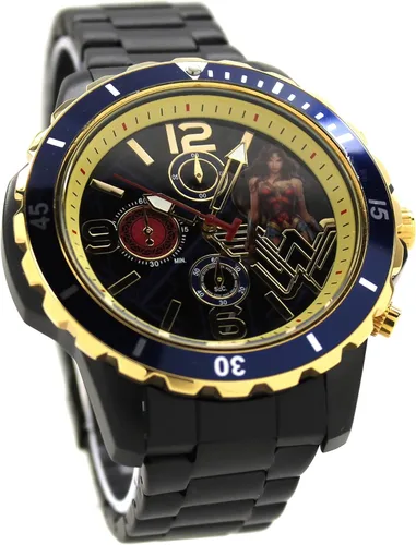 Vista 2 de Accutime Wonder Woman WW84 Reloj de acero inoxidable con cronógrafo de estilo buceador genuino para mujer o hombre (WOM8008SHW), Negro -, Superhéroe