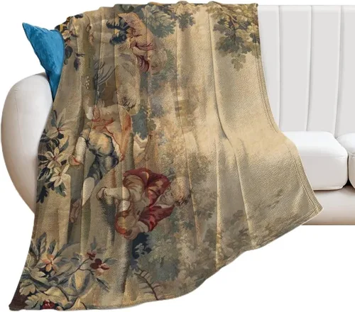 Vista 2 de Aubusson - Manta de franela con estampado francés antiguo de 50 x 40 pulgadas, manta ligera y esponjosa de invierno y otoño, acogedora y suave felpa