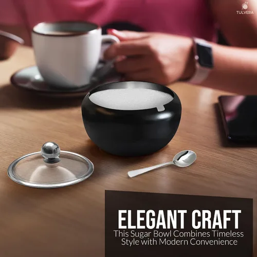 Vista 7 de Azucarero con tapa y cuchara Recipiente de azúcar de 12oz para barra de café Frasco portasal, té, caramelos, azúcar en cubo, azúcar moreno, ghee