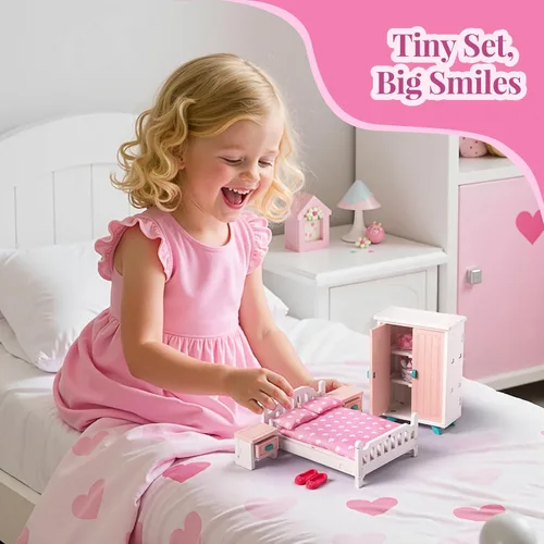 Vista 6 de BABESIDE Juego de muebles de dormitorio de casa de muñecas, 7 piezas de accesorios de casa de muñecas de madera rosa para muñecas de 3 pulgadas