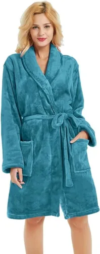 Vista 7 de U2SKIIN - Bata de felpa para mujer, batas cortas y acogedoras de felpa suave para mujer con cuello de chal, bata de spa cálida A-Negro