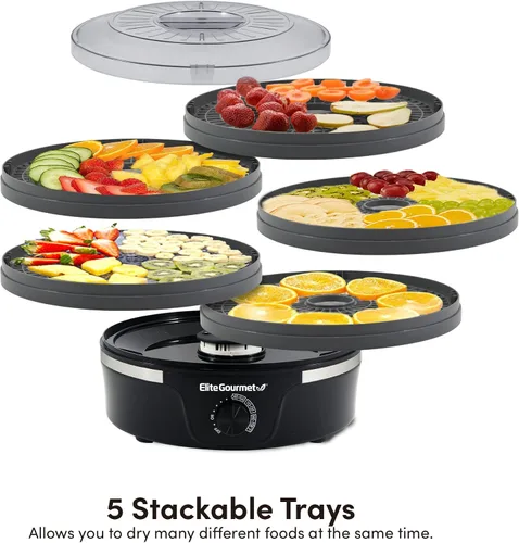 Vista 4 de Elite Gourmet EFD319DKG - Deshidratador de alimentos, 5 bandejas sin BPA de 11.4 pulgadas, negro/gris Adjustable temperature controls - makes