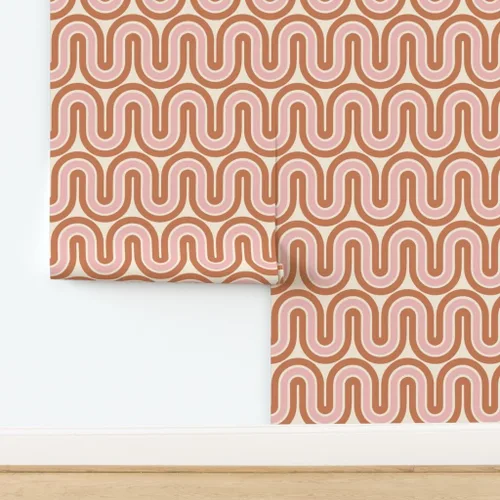Vista 4 de Papel tapiz para despegar y pegar, diseño retro de mediados de siglo, líneas rosadas y marrones, decoración del hogar, olas, papel tapiz extraíble