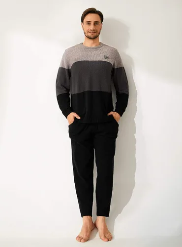 Vista 2 de DAVID ARCHY Conjunto de pijama de forro polar de felpa para hombre, cálido, acogedor, manga larga, parte superior e inferior
