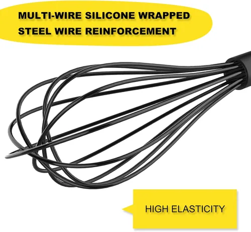 Vista 3 de NileHome Batidor de silicona de 10 pulgadas, batidor de cocina Wisk Wire para cocinar, batir, mezclar, batir, agitar, color negro