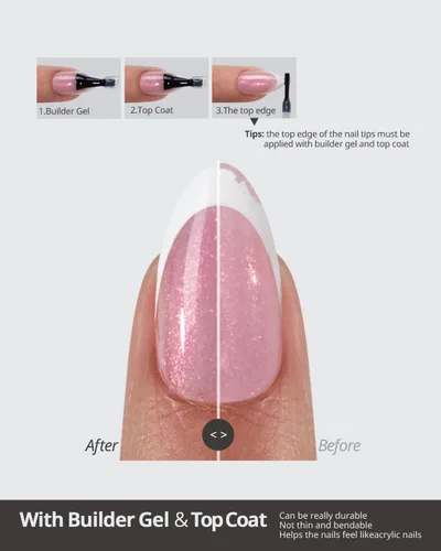 Vista 4 de BTArtboxnails XCOATTIPS - Punta francesa blanca a presión, cuadrado L, purpurina rosa Lamp-Curable 4-Week Wear, Salon Quality Value at Home
