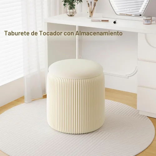Vista 3 de Juego de 2 otomanas beige con almacenamiento, taburete de tocador tapizado de terciopelo, cómodos taburetes redondos de maquillaje, reposapiés