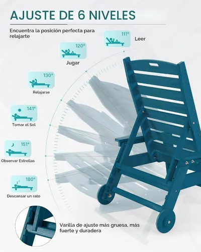 Vista 3 de Chaise Lounge Chair al aire libre con ruedas, silla de patio de gran tamaño con textura de madera, silla de plástico de 5 posiciones para piscina