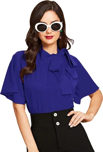 Vista 4 de SheIn - Blusa de manga corta para mujer estilo casual con corbatín lateral en el cuello