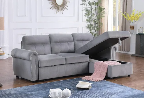 Vista 4 de Ashton - Sofá seccional reversible de tela de terciopelo gris