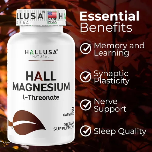 Vista 2 de Hallusa Natural Cápsulas de L-treonato de magnesio de 2000 mg, suplemento de apoyo cognitivo para la salud y la memoria del cerebro, claridad