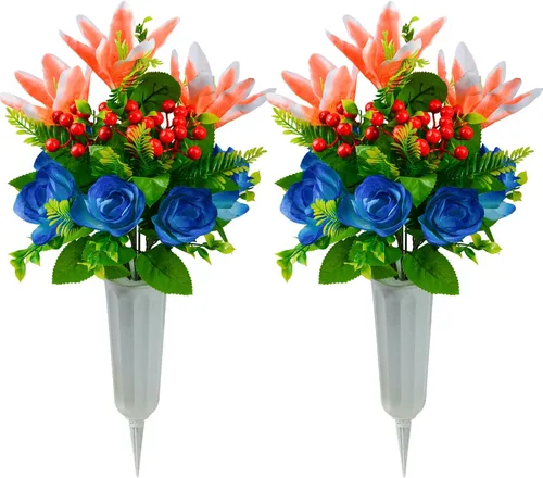 Vista 10 de XONOR Flores artificiales de cementerio para tumba, juego de 4 flores artificiales conmemorativas con jarrón para cementerio al aire libre, lápidas