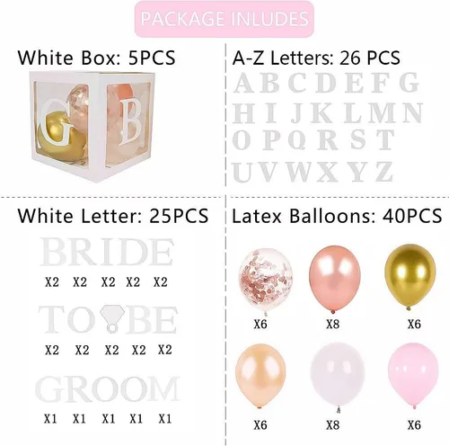 Vista 3 de 96 cajas de globos de decoración de despedida de soltera de color blanco, bloque transparente con BRIDE TO BE + GROOM + letras A - Z y 40 globos