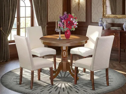 Vista 2 de East West Furniture ANDR5-MAH-01 - Juego de mesa y sillas de cocina de 5 piezas, incluye una mesa de comedor redonda con pedestal y 4 sillas