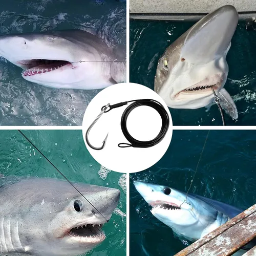 Vista 6 de Plataforma de tiburón de pesca, 2 unidades de aparejos de líder de pesca de surf con ganchos de atún y tiburón, cable de acero inoxidable, gancho