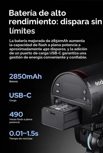 Vista 3 de Godox AD100Pro II 100Ws TTL Pocket Flash, 2.4G Wireless X System