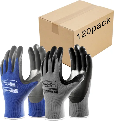 Vista 8 de COOLJOB 10/20 Pairs Nitrile Dipped Safety Work Gloves with Grip, Non-slip Black Camel
