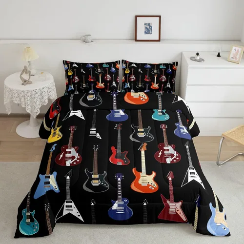 Vista 16 de Castle Fairy Juego de edredón de botas de vaquero, tamaño individual, juego de ropa de cama bohemio con guitarra musical para niños y niños