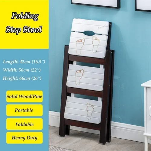 Vista 3 de Strong Folding Step Stool Solid Load-Bearing Strong Wood 3 Layers Stair Chair Folding Step with Anti-Slip Feet Stool Ladder Kitchen Safe