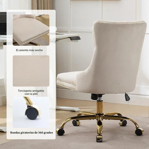 Vista 8 de Silla de escritorio de terciopelo beige para oficina en casa con ruedas y base dorada, linda silla de tocador con respaldo acolchado para mujeres