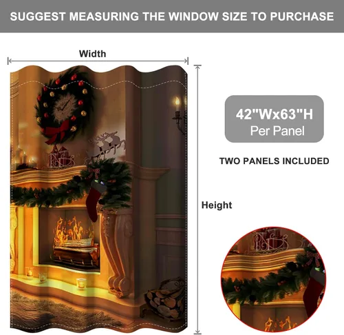 Vista 37 de Cortinas con adornos de Navidad impresos, cortinas para ventana de chimenea, calcetines de Navidad, árboles de Navidad, regalos, paneles opacos