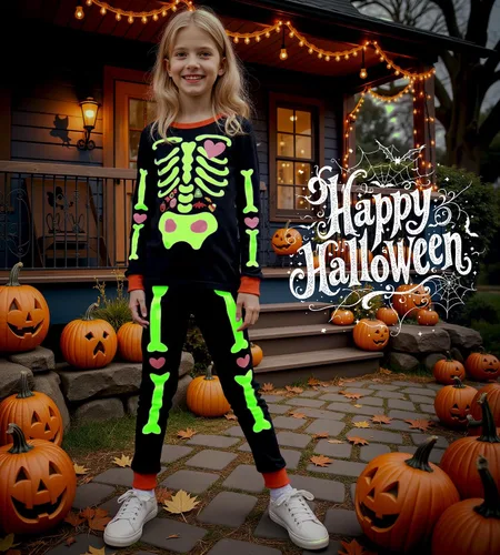 Vista 45 de HONGTEYA Ropa de Halloween para niños y niñas, ropa de esqueleto de algodón para niños pequeños, talla 3-7T